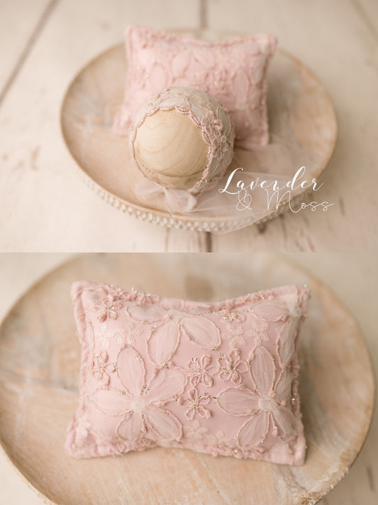 Dusty Rose Set- Beaded Bonnet and Pillow